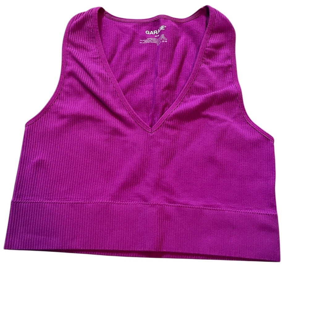 Garage Ribbed V-Neck Crop Tank in Magenta. Medium